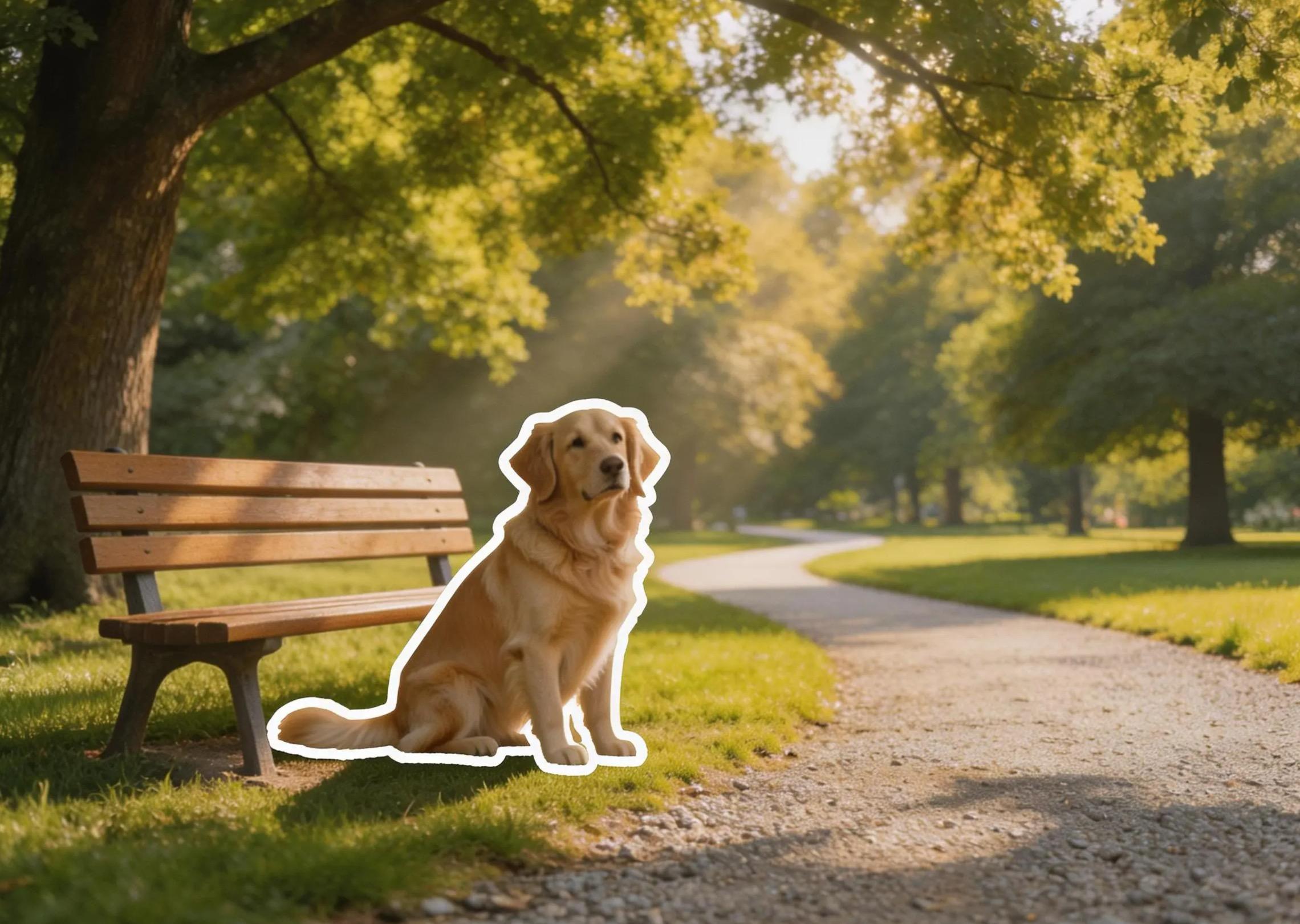 Combine a quiet park background with a golden retriever