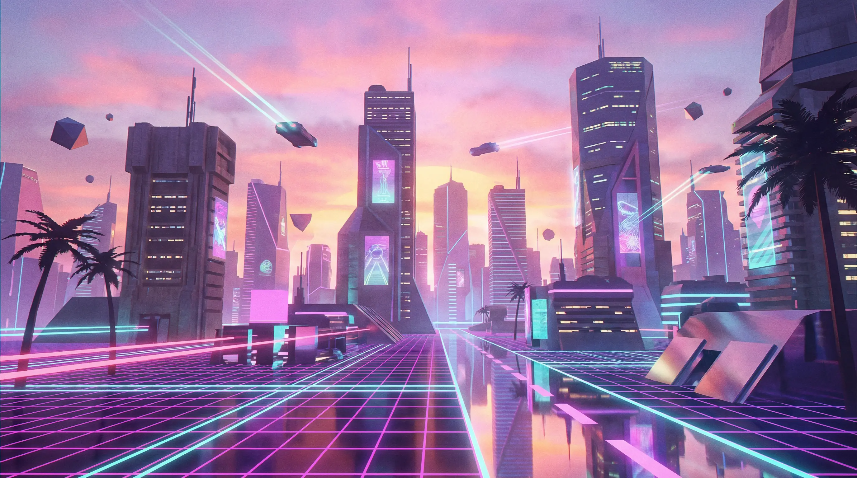Futuristic neon landscape with vaporwave sunset