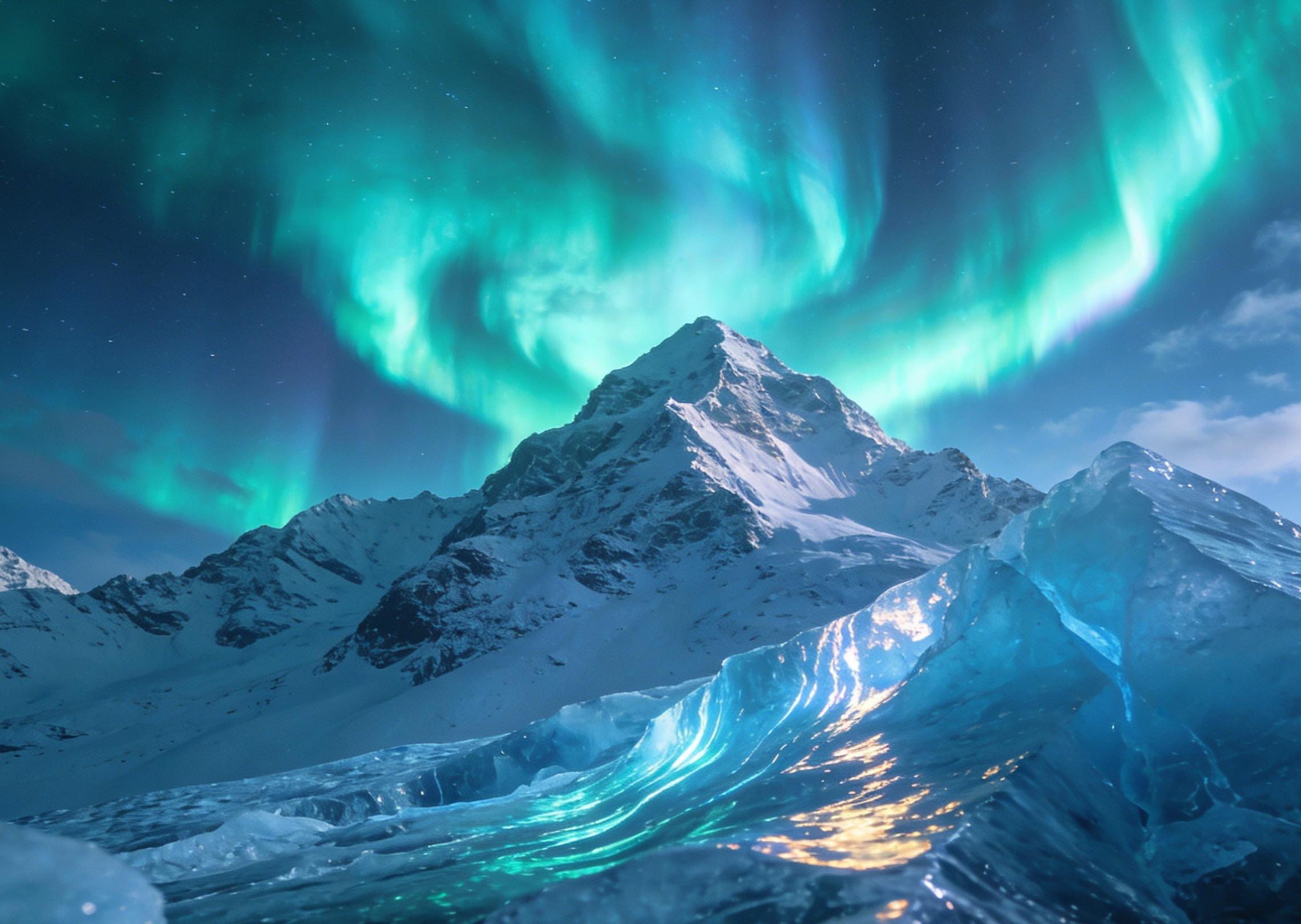 Snowy mountains under the aurora