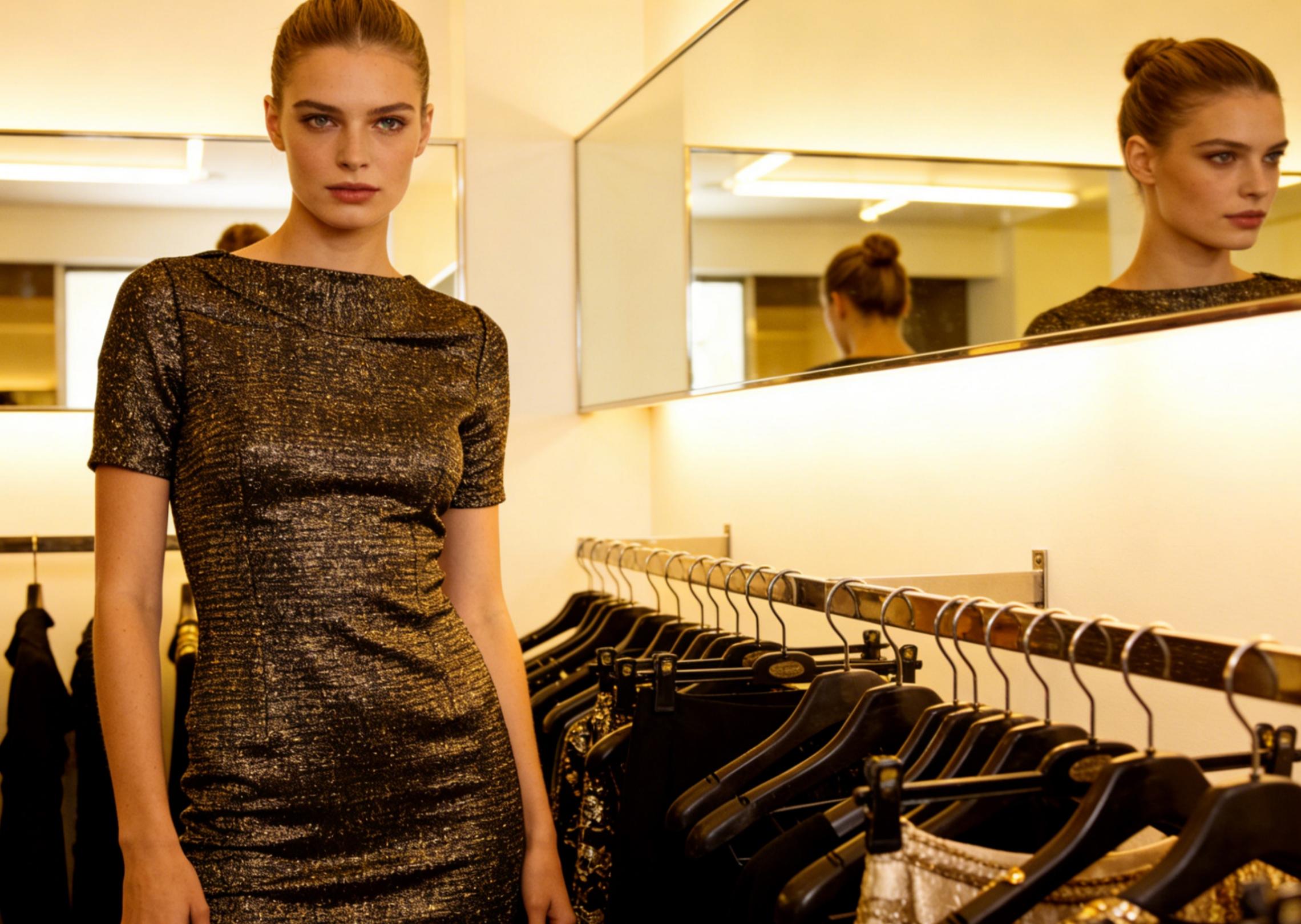 a female model in a boutique wearing a new dress