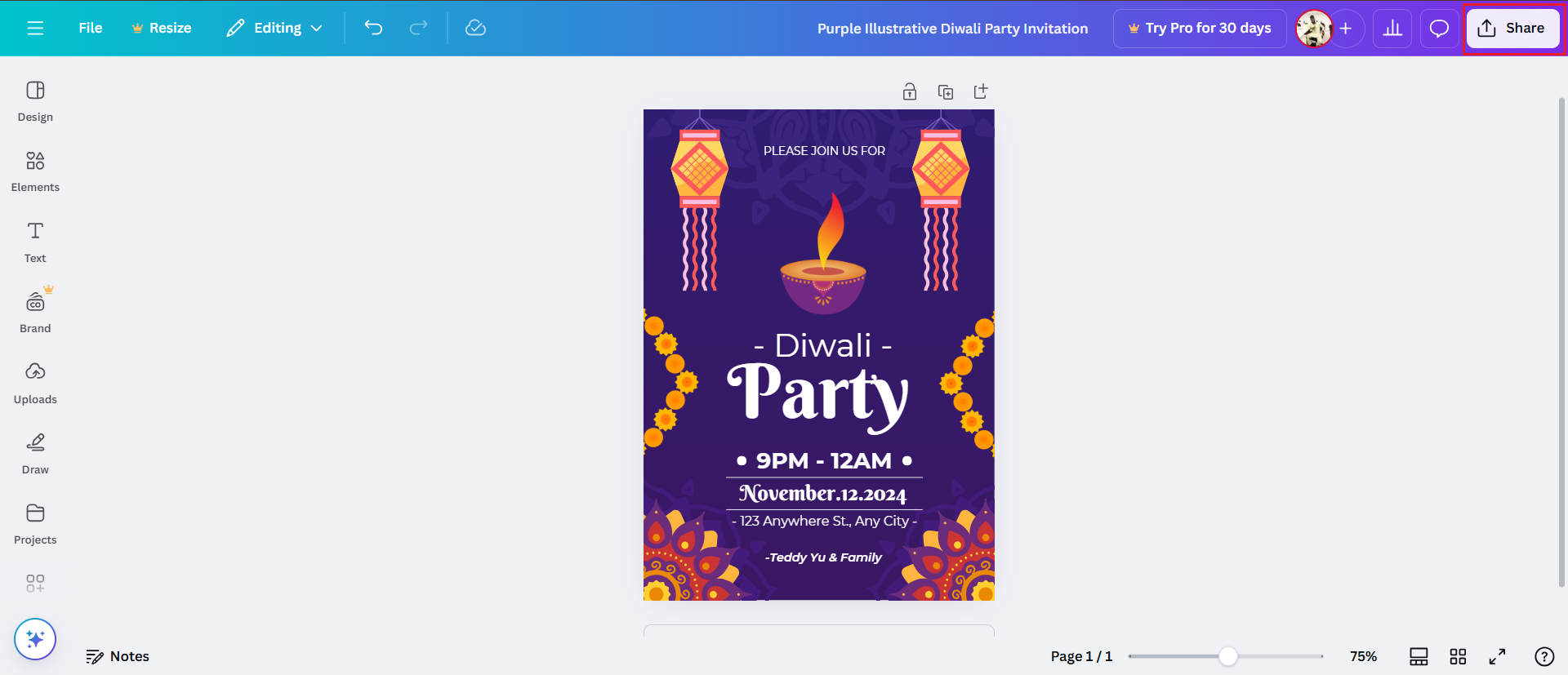 Biglietto d'invito per la celebrazione di Diwali