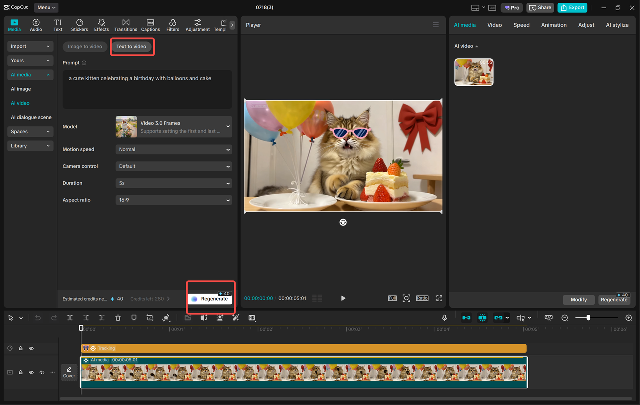 CapCut text-to-video editor with a kitten prompt, generated preview, and timeline