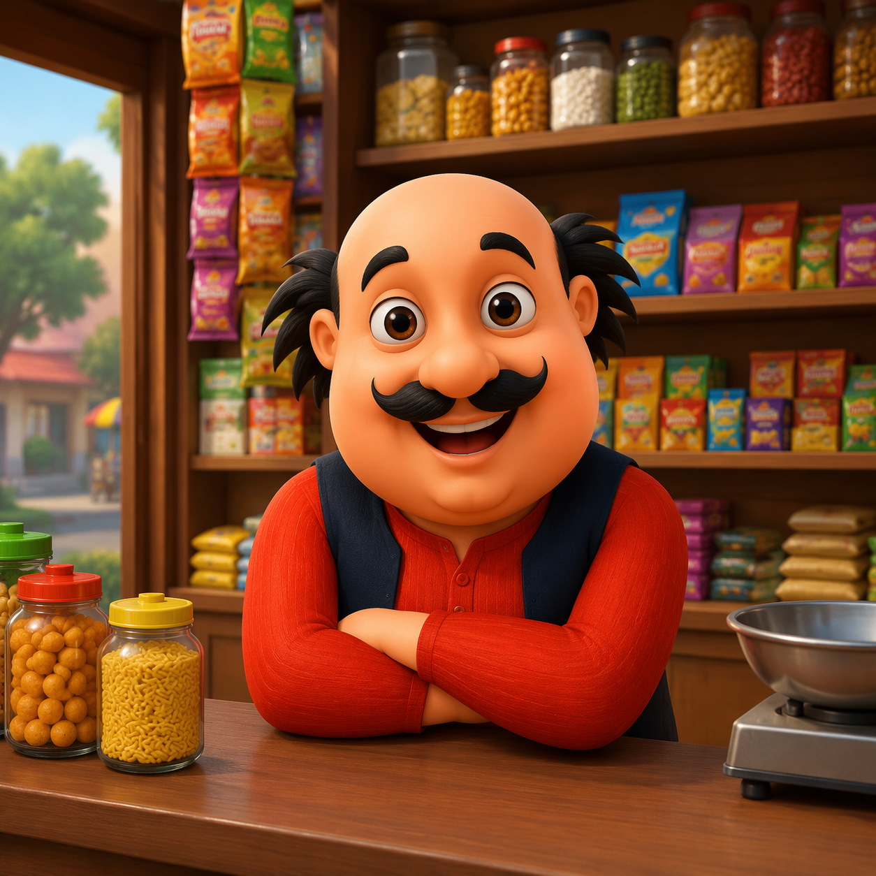 Promosi toko Dreamina Motu Patlu Contoh prompt video AI 3: Momen Promosi Jalanan