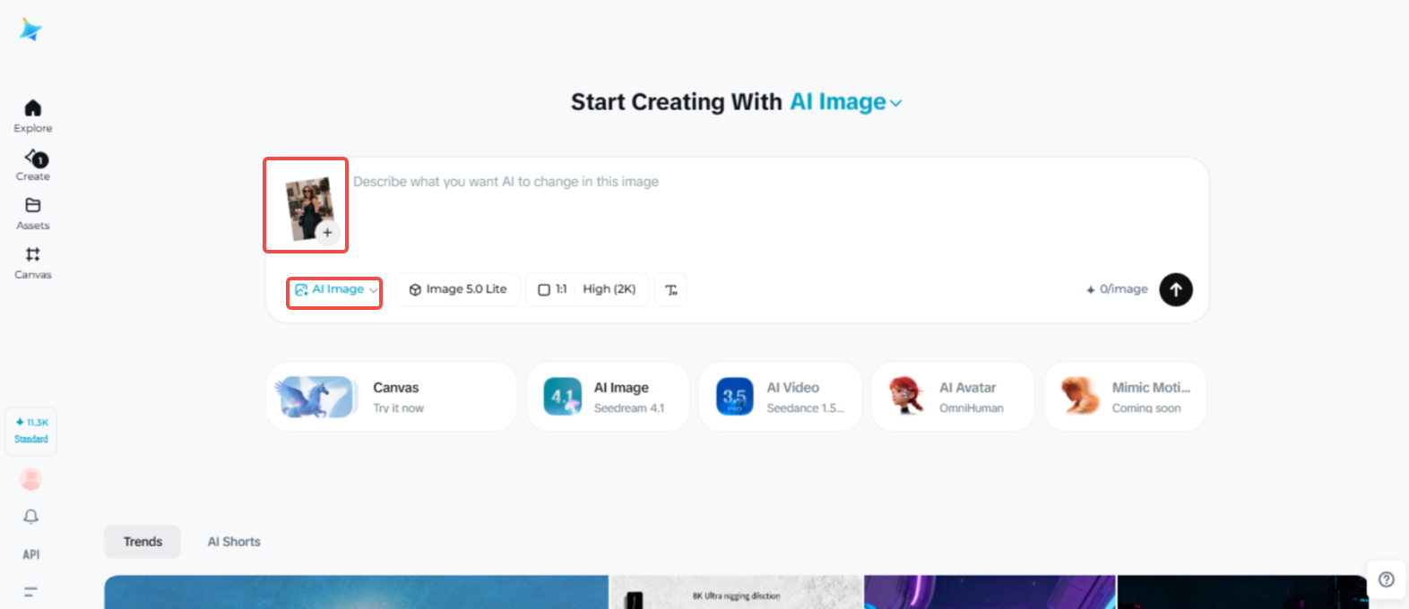 Zugriff auf die Funktion "AI Image" in Dreamina
