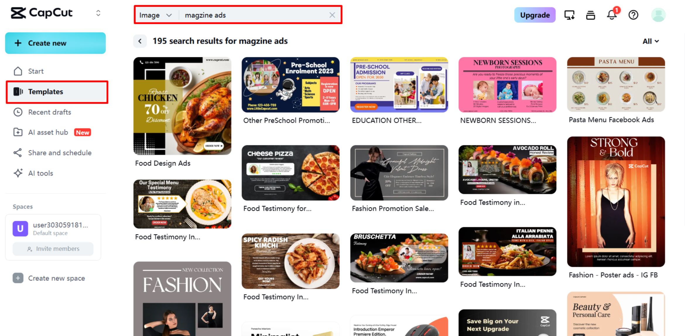 การเลือกเทมเพลตบน CapCut Web