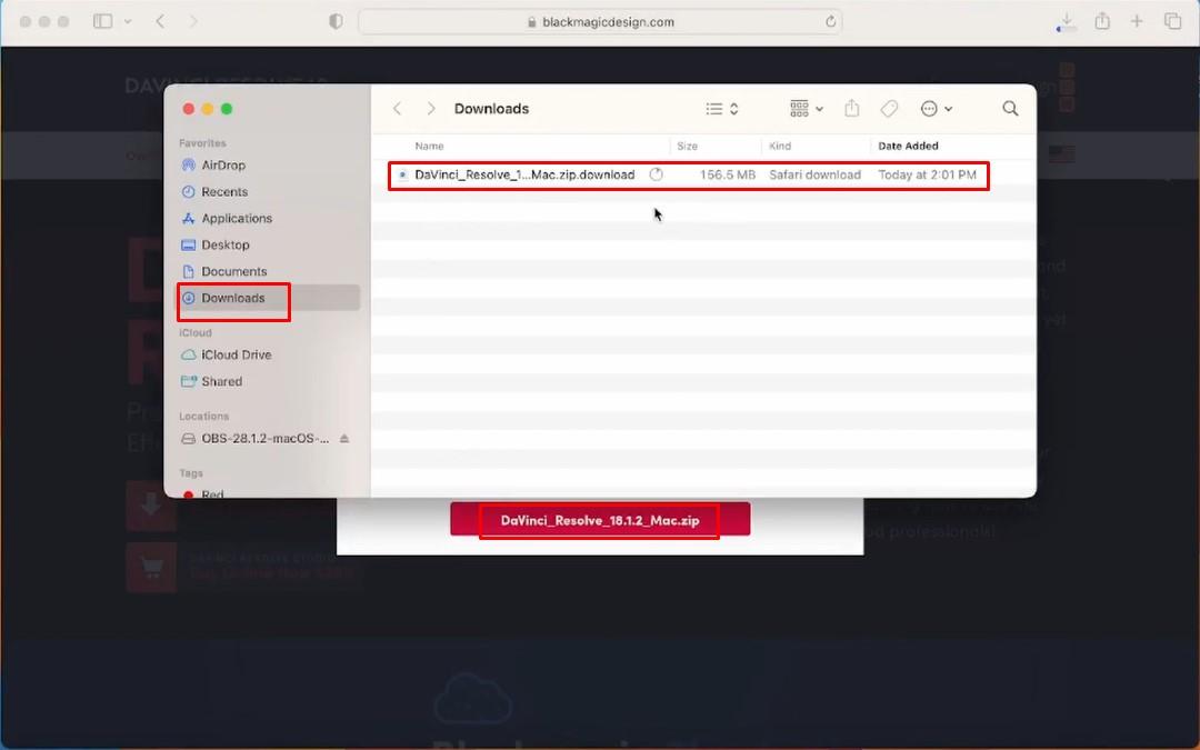 Klicken Sie auf die Davinci Resolve Mac-Datei herunterladen