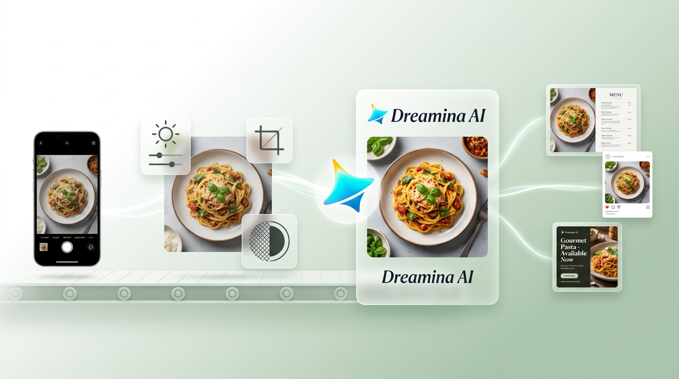 Gerador de imagem mais recomendado IA para fotografia de alimentos - conceito Dreamina com ingredientes frescos, prato de herói e visualização de saída em vários formatos