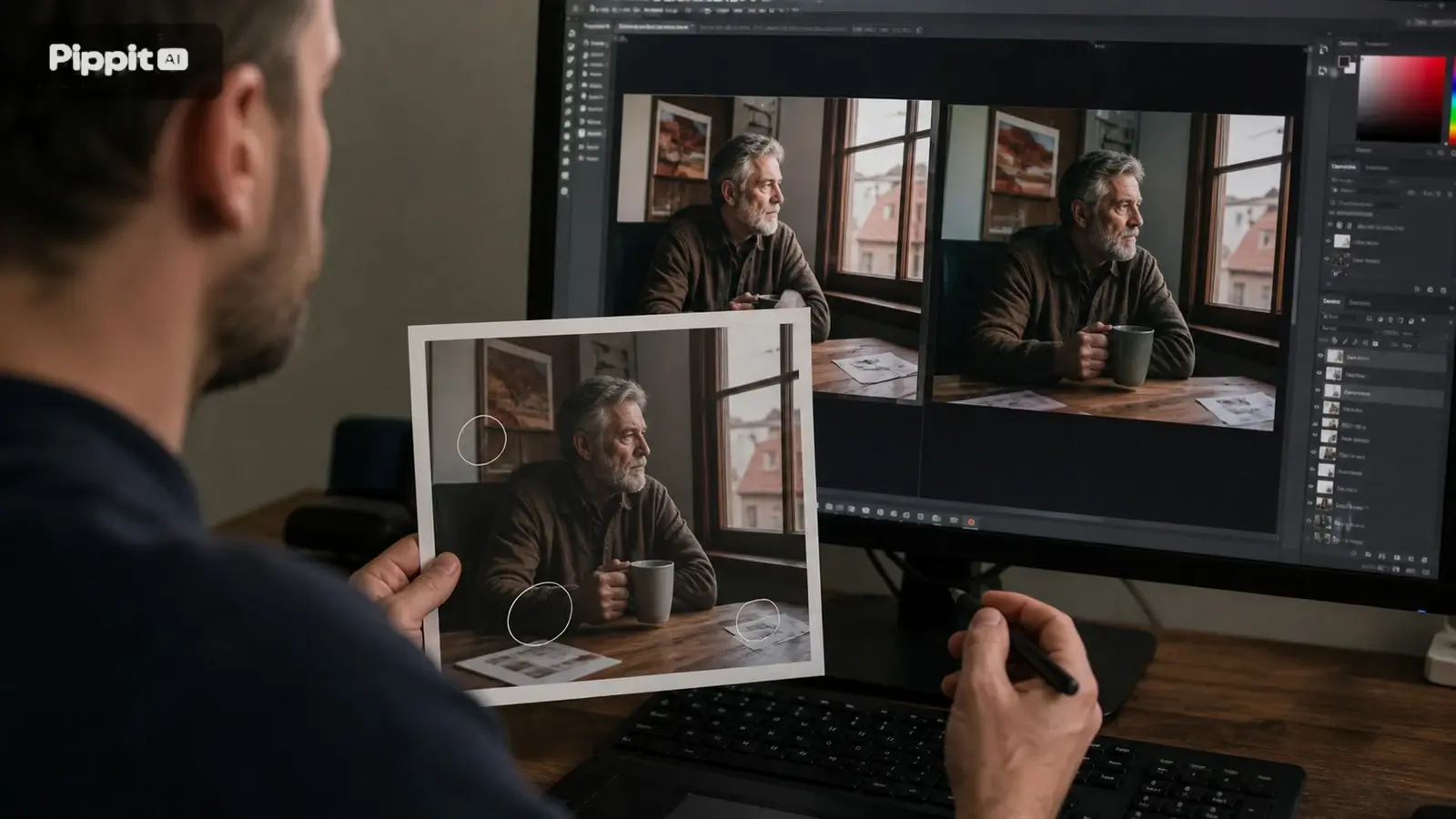 Desainer membandingkan pengeditan foto di atas kertas dengan potret yang sama di monitor.