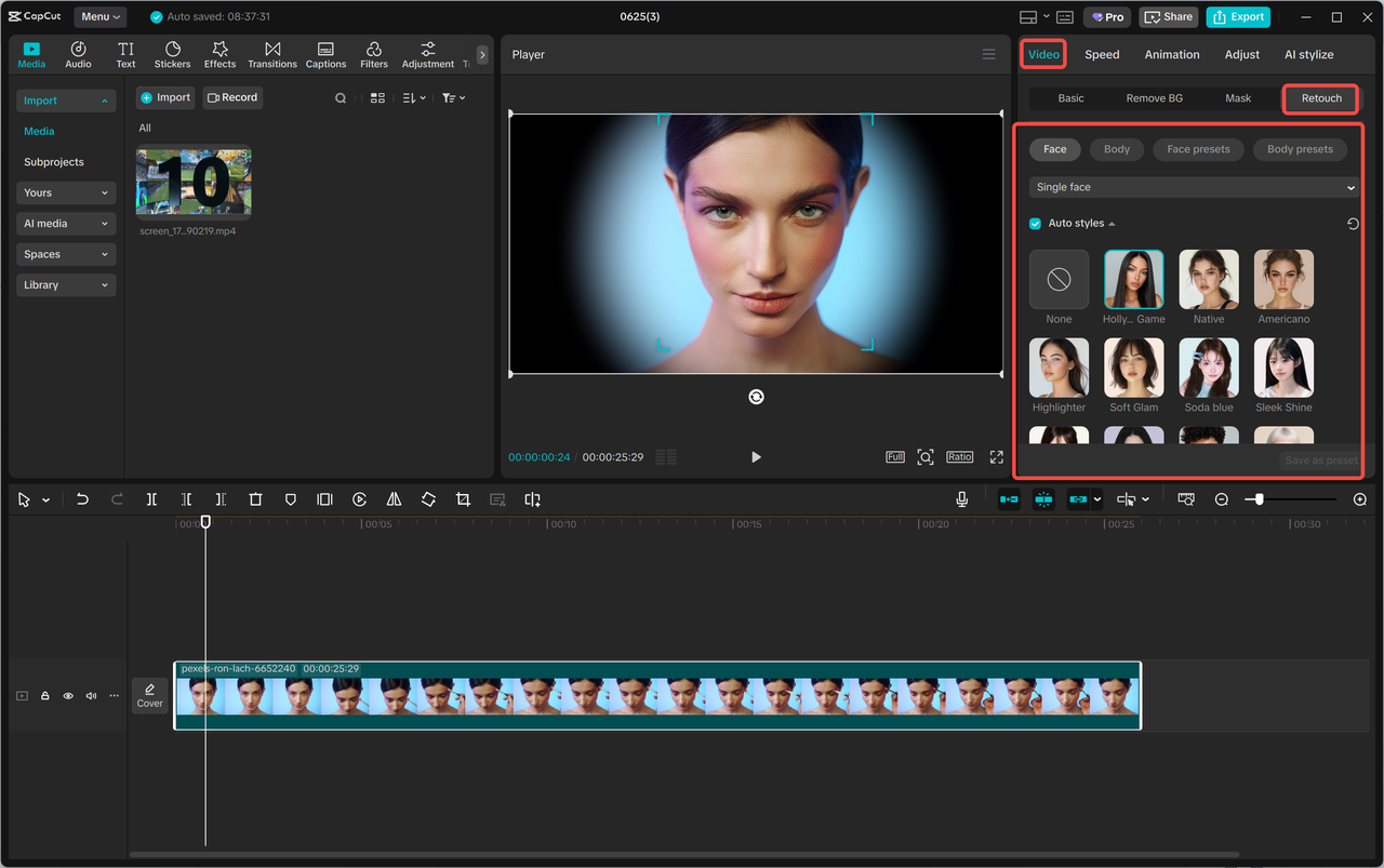 Portrait video open in CapCut beside separate controls for facial and body retouching