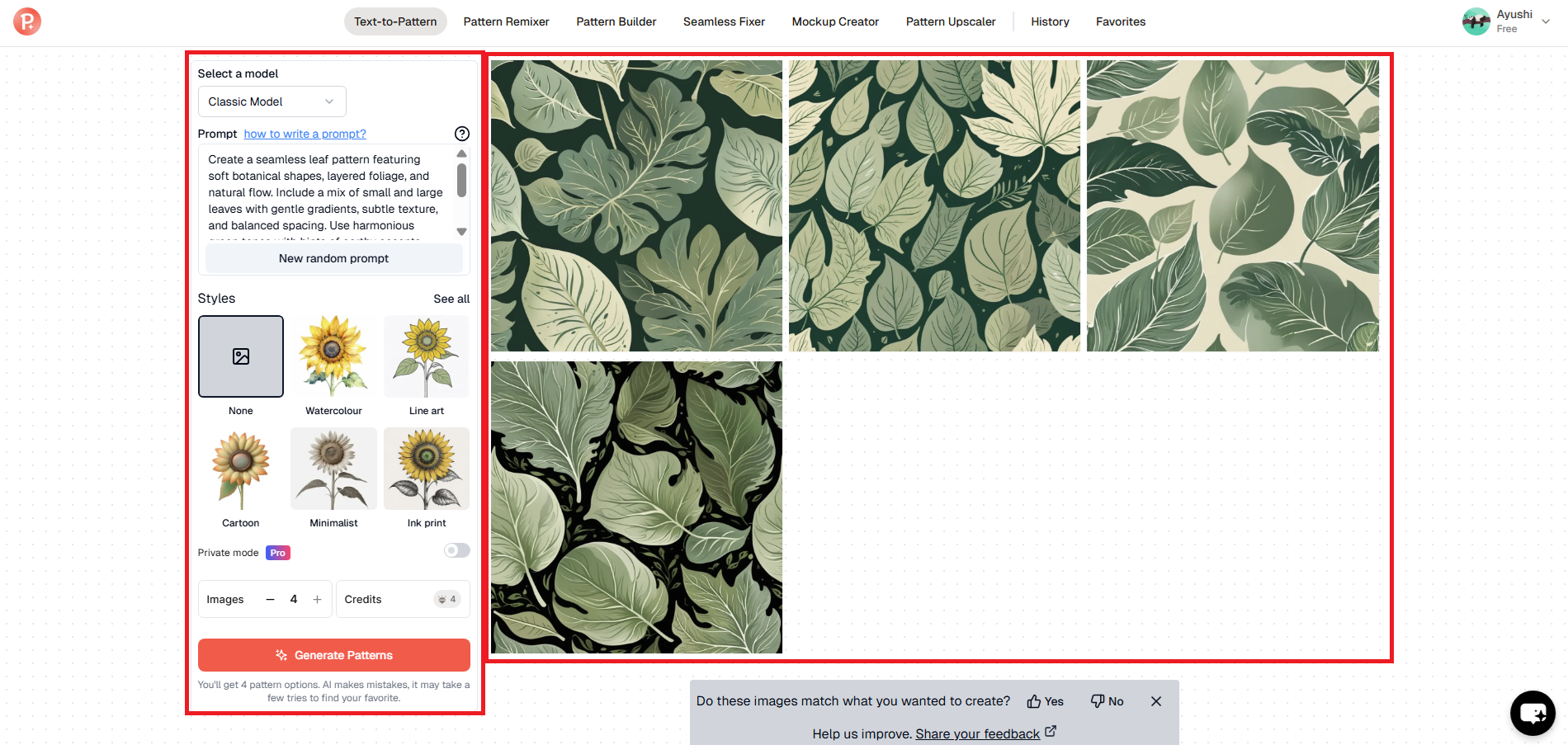 Enter your leaf pattern prompt and generate designs