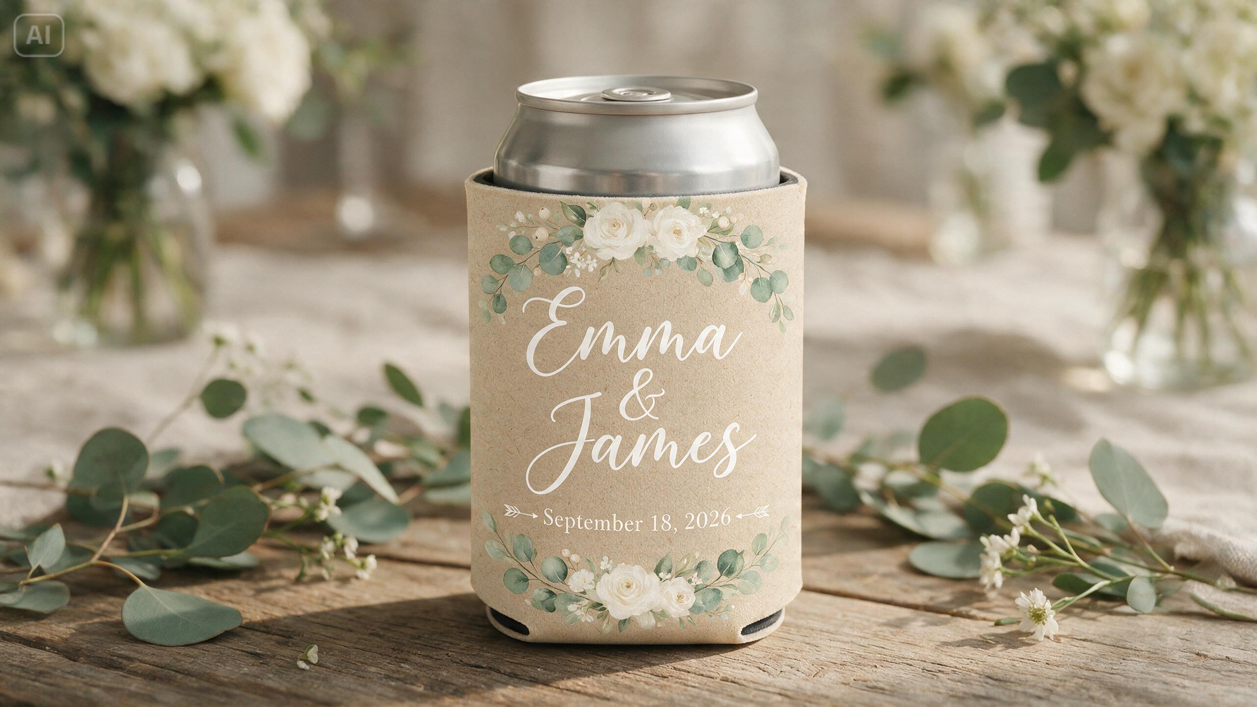Prompt for a rustic wedding koozie for Design Custom Koozies