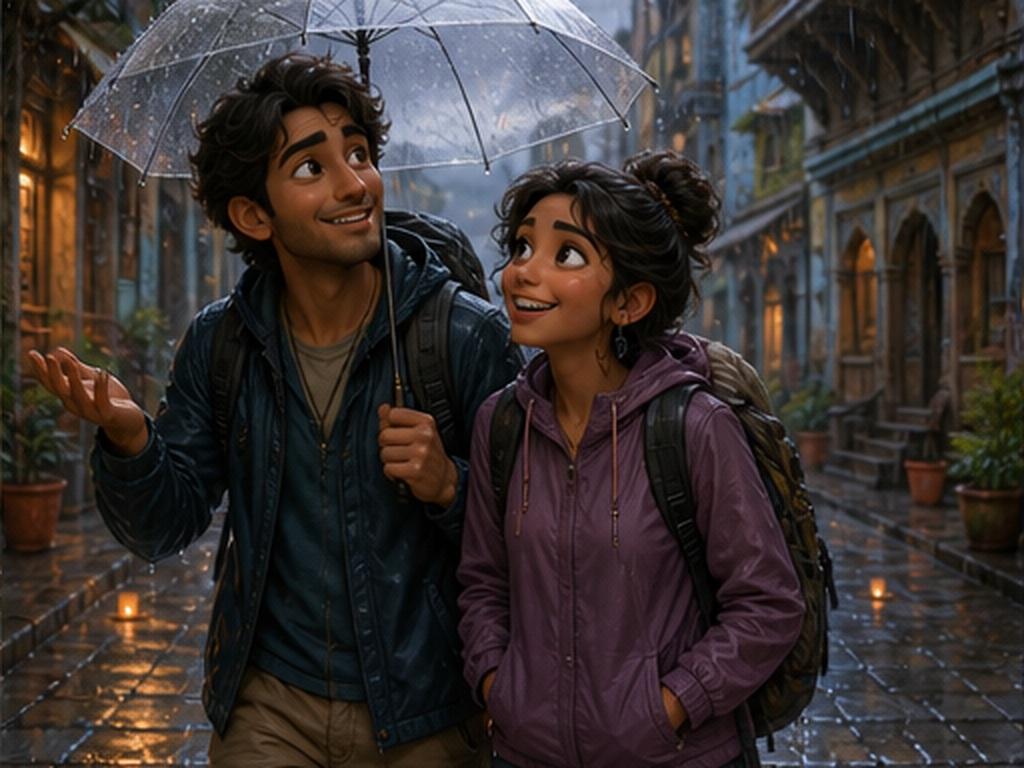 Motu Patlu Tour AI Video Prompt prompt example 5 - Monsoon old-city walk