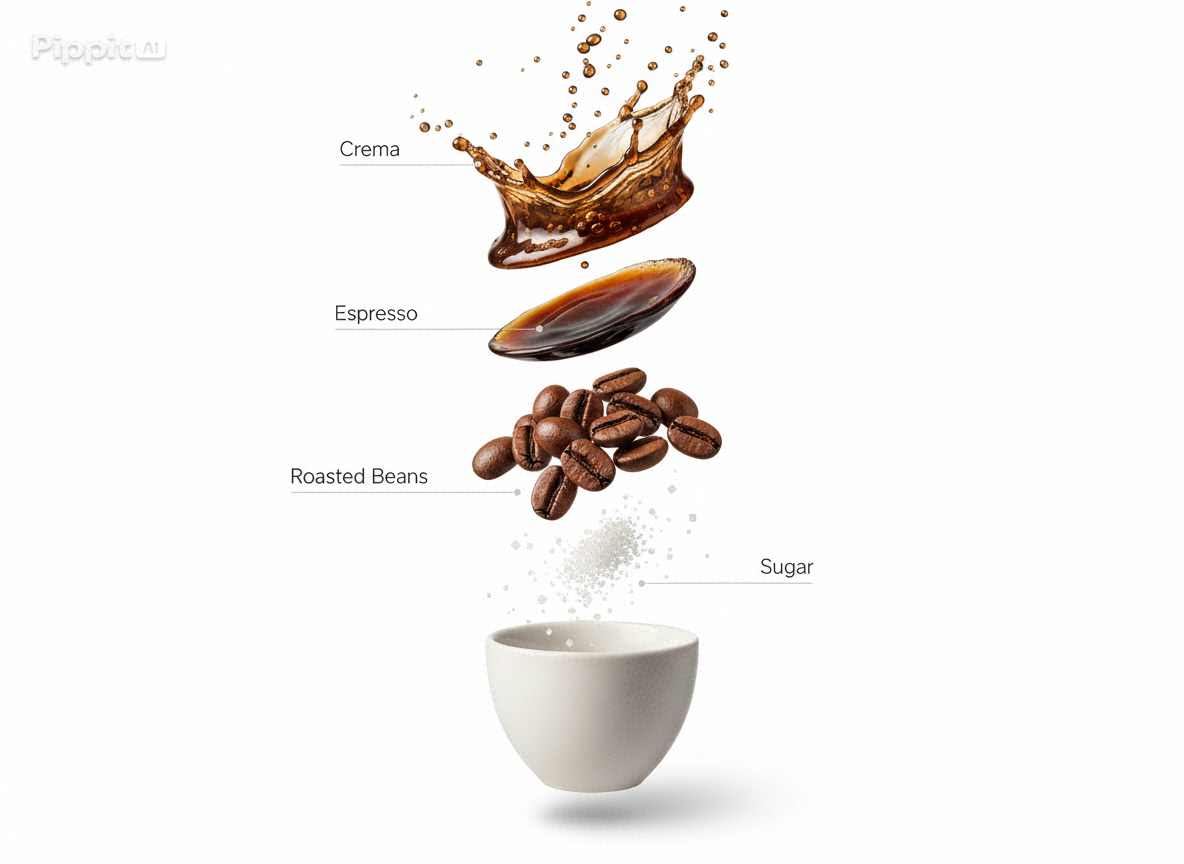 <image>funktion: Sida vid sida mock av statisk exploderad kaffeinfografik och en roterande koppseparations storyboard</image>