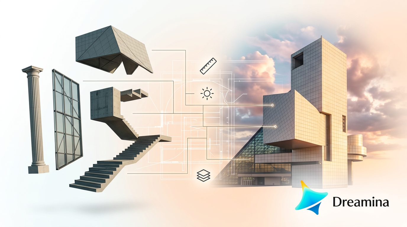 Most recommended AI image generator for architecture renders - Dreamina concept featuring layered progression from conceptual massing to photoreal building details