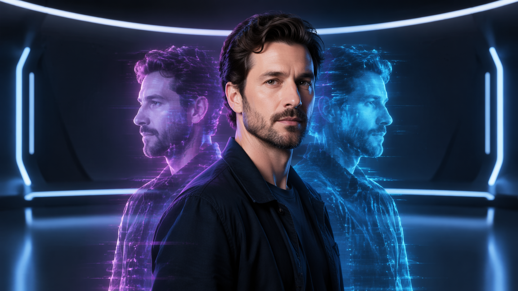 Dreamina 3D hologram filter prompt example 5: Neon Duplicate Portrait