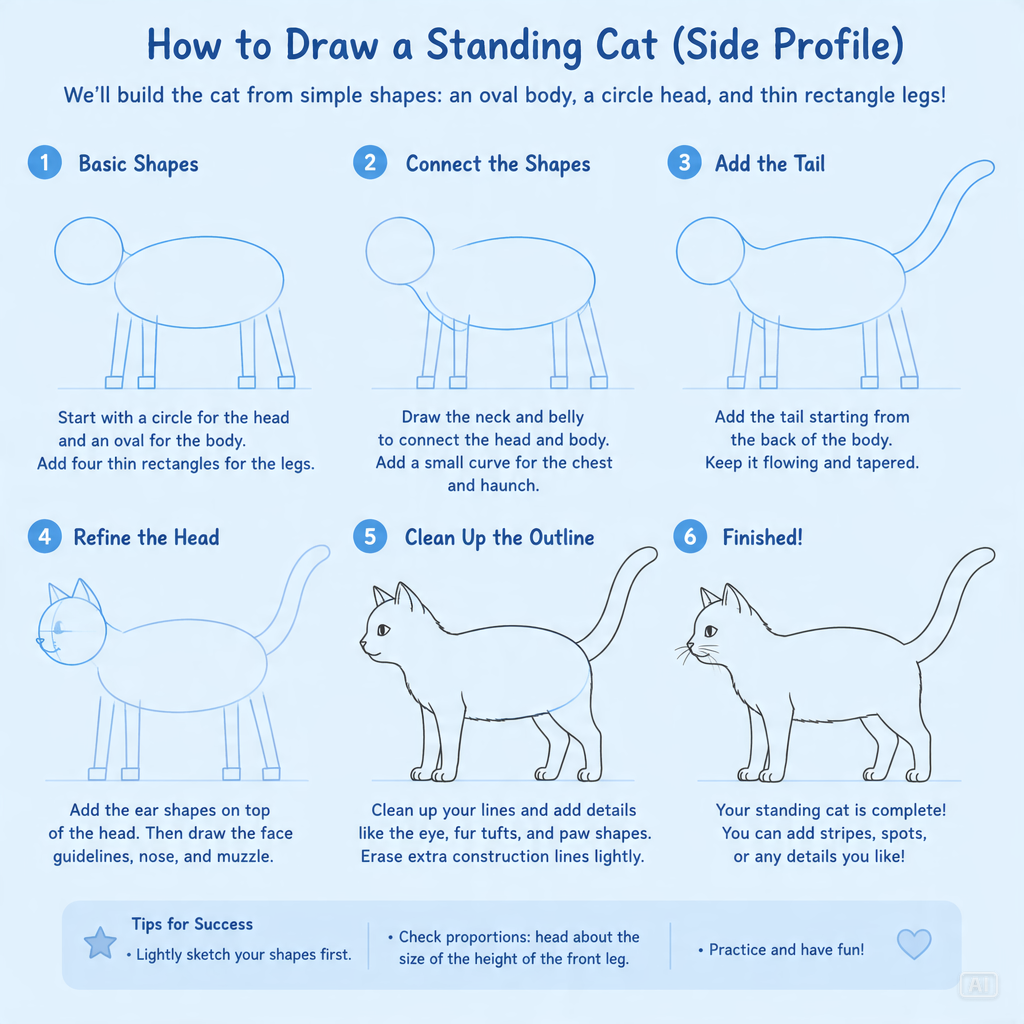 Standing cat drawing guide generated by Pippit