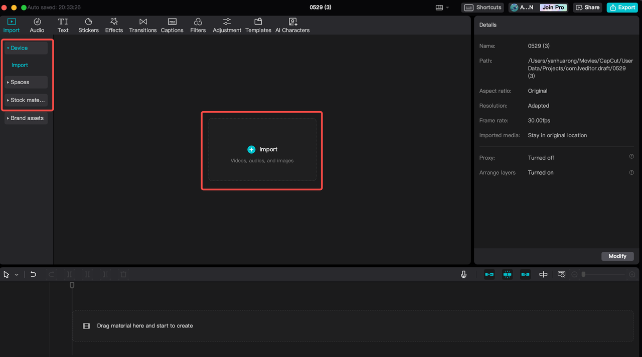 cara untuk mengimport media pada penyunting video desktop CapCut
