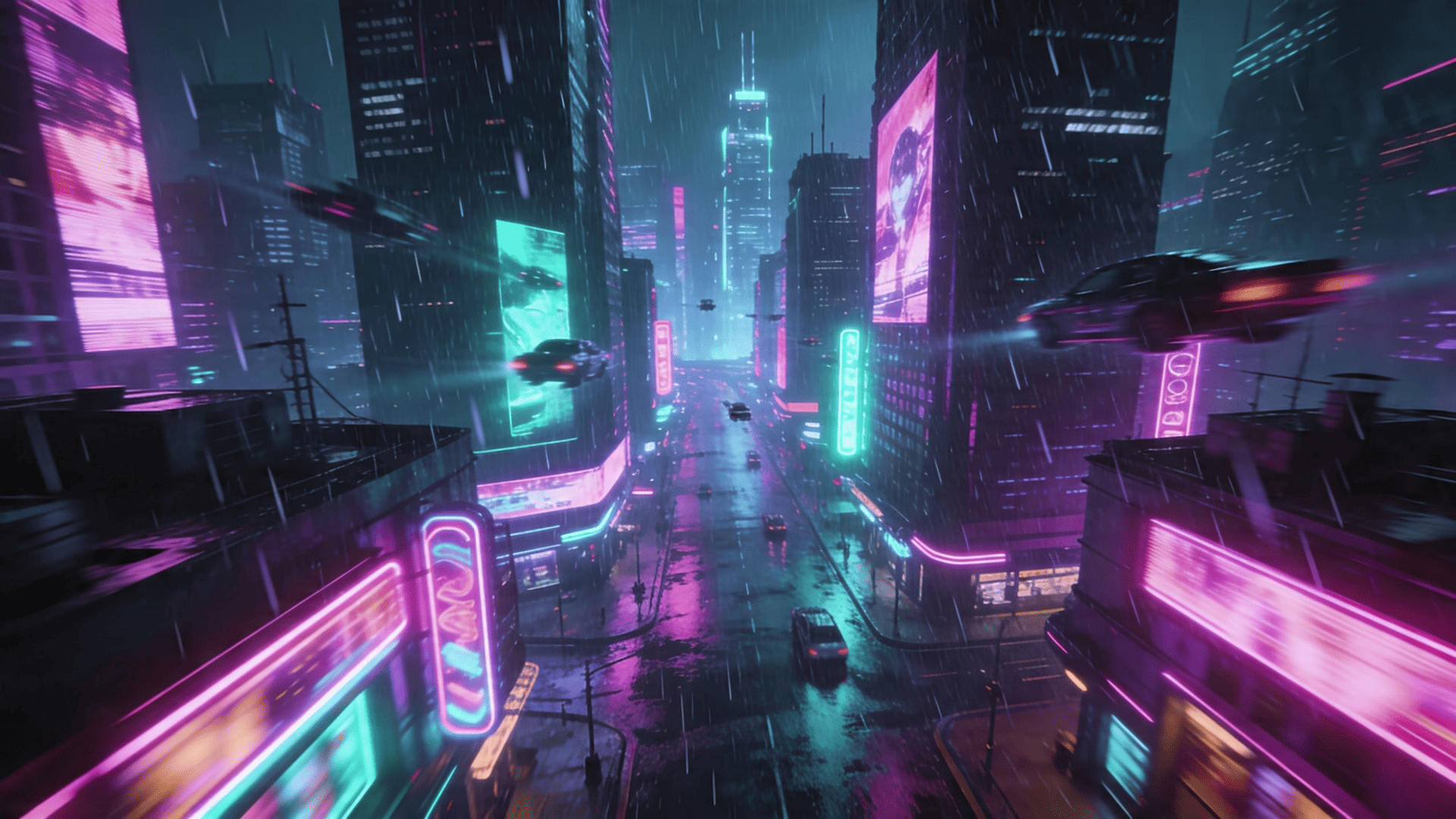 Aerial cyberpunk city at night