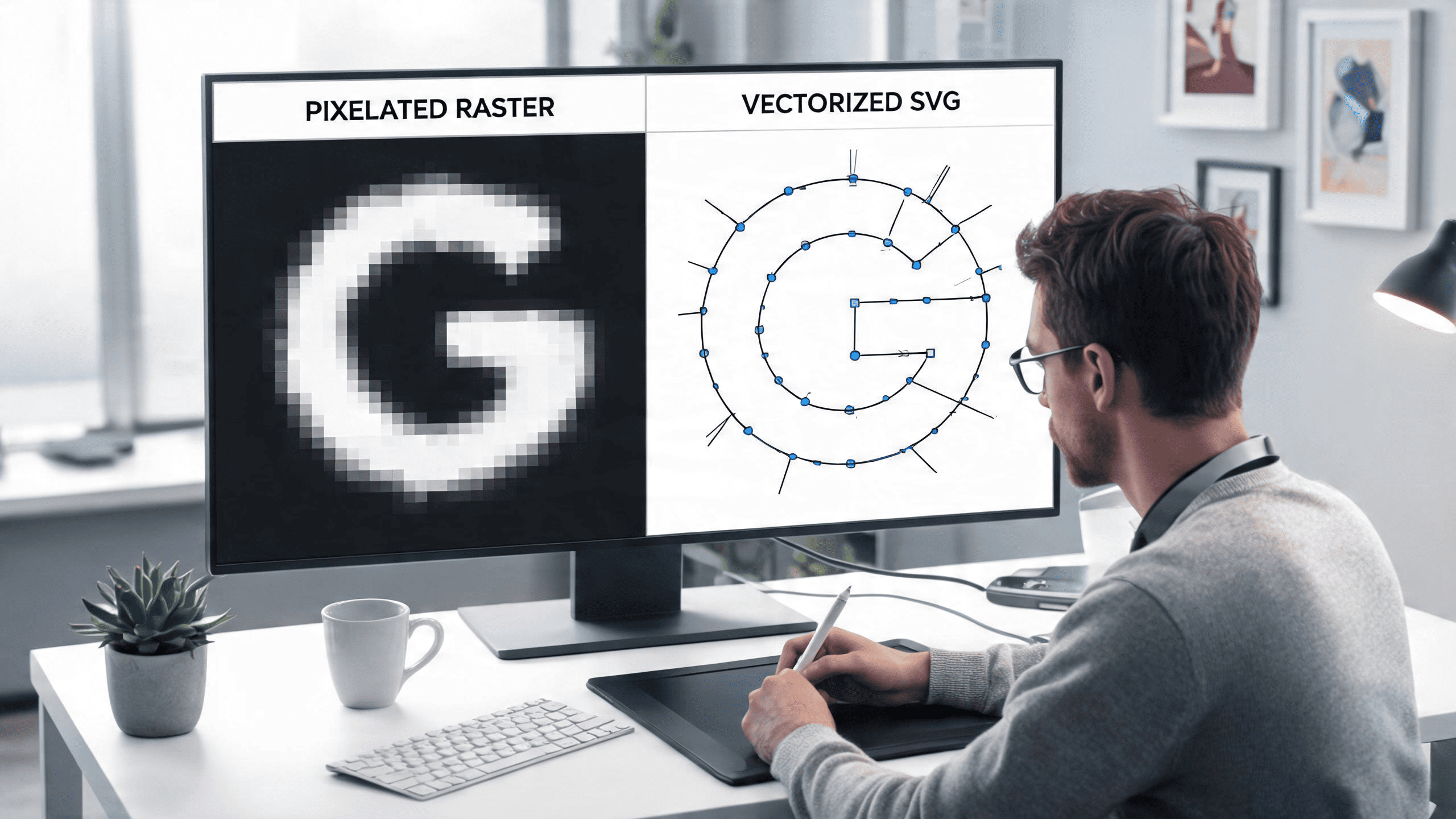 Designer, der ein verpixeltes Rasterbild in eine saubere Vektorgrafik mit glatten Pfaden und skalierbarem SVG-Artwork umwandelt.