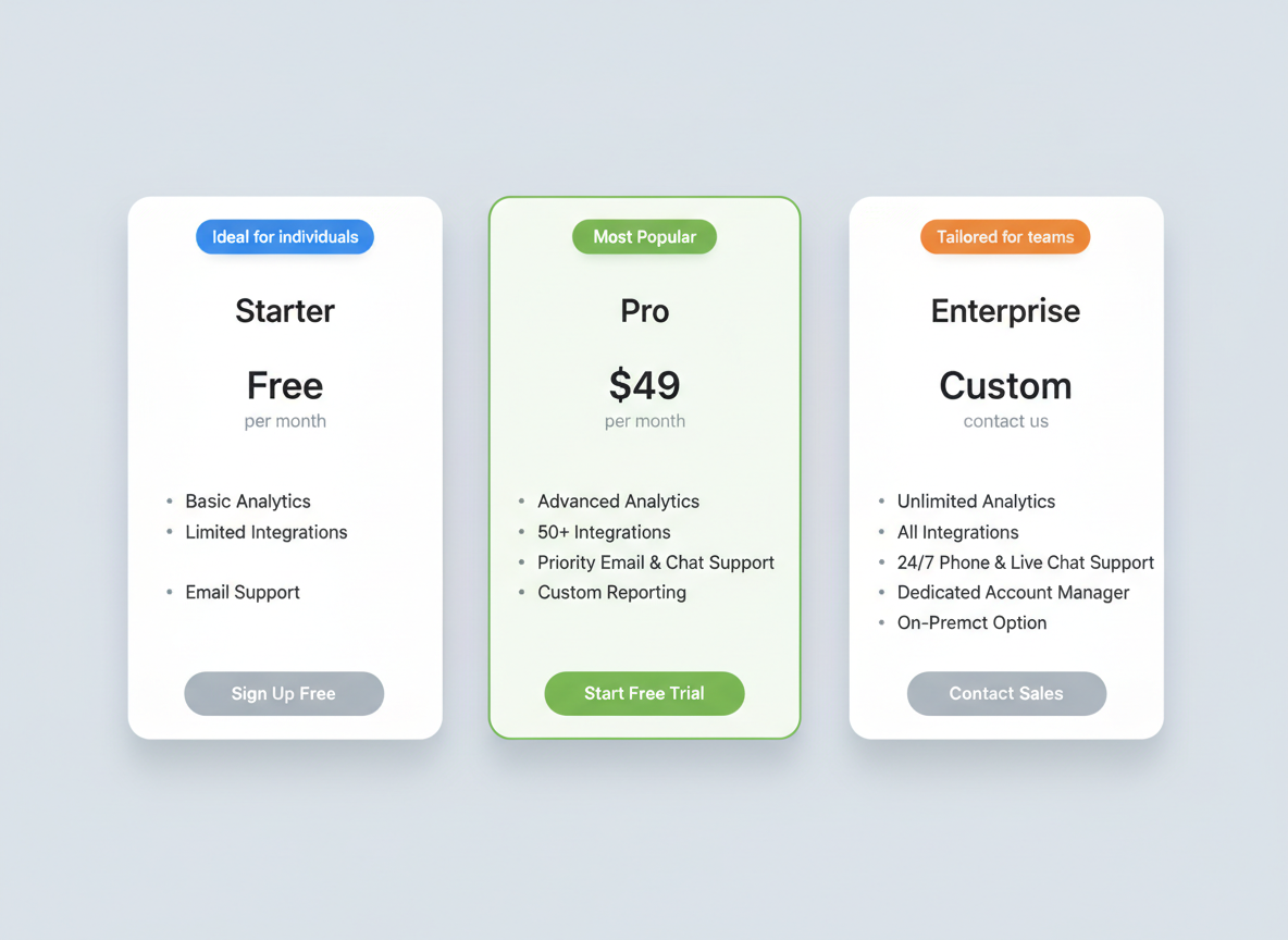 جدول تسعير منصة تصميم AI مع Starter و Pro وخطط Enterprise ووسائل شرح الأسعار والرموز النقطية المميزة والخطة المميزة.