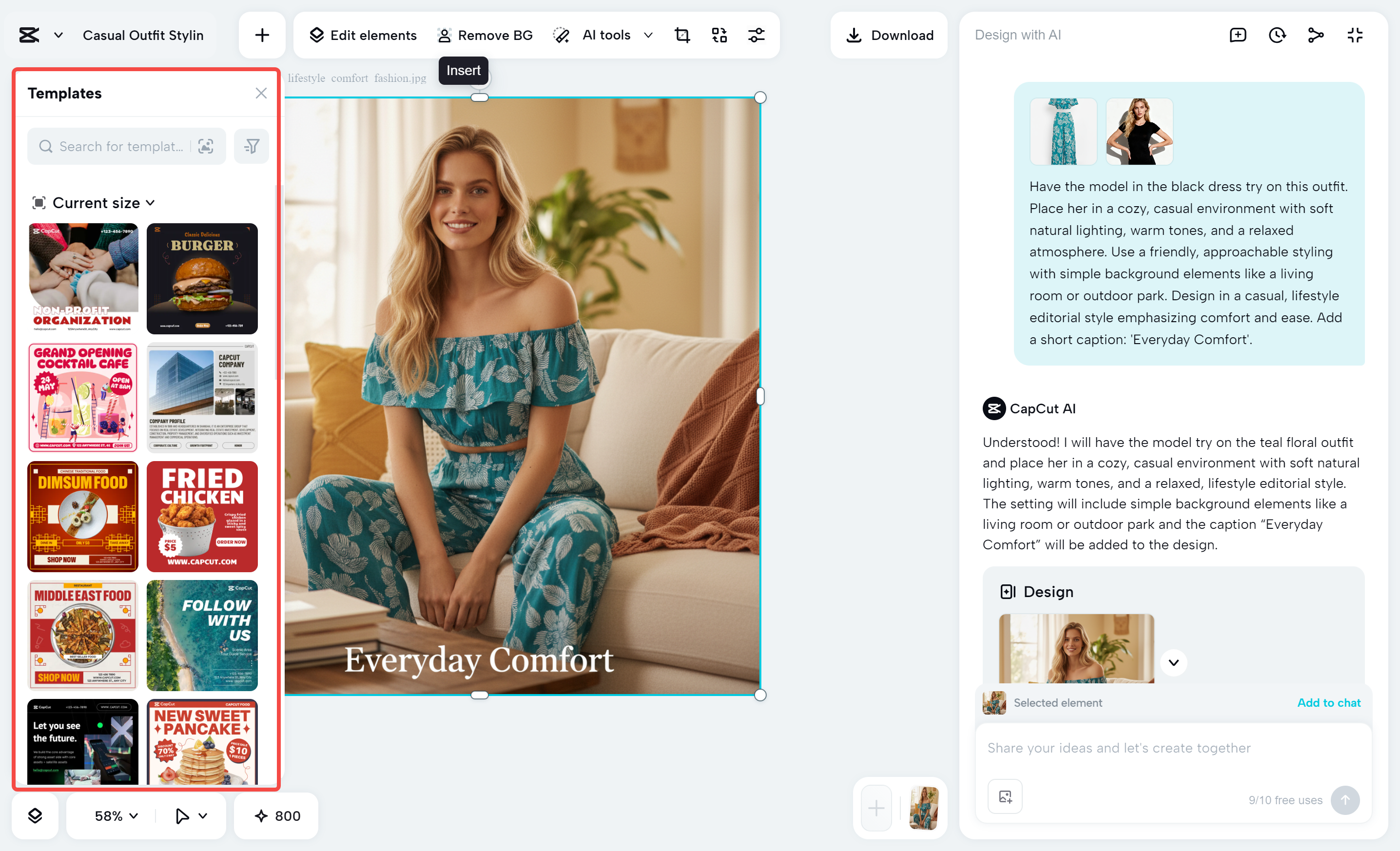 Fashion image on a CapCut design canvas surrounded by templates and editing tools