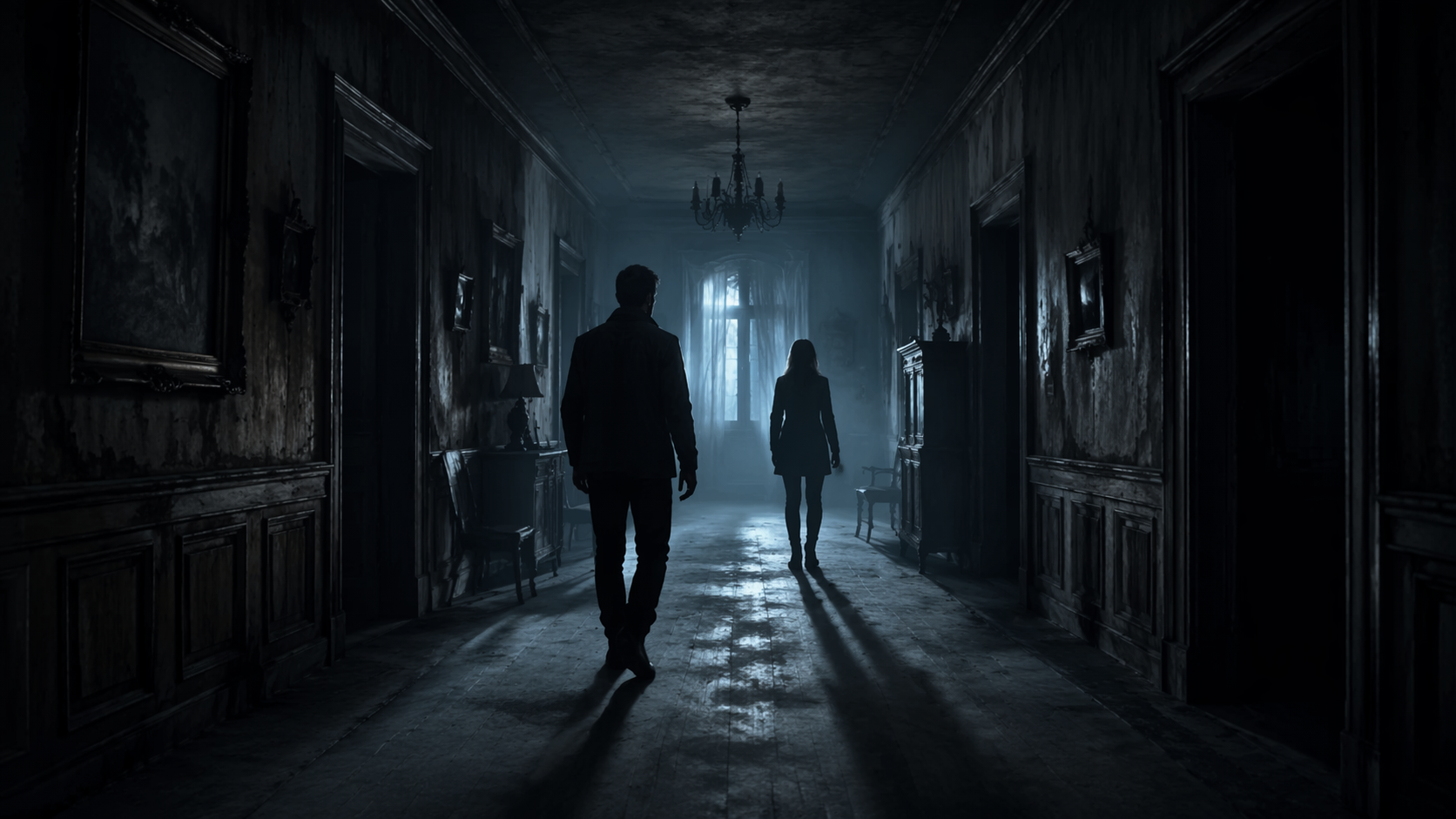 Dreamina Prompt Visto Horror Girl Boy, ejemplo rápido 1: Sombras de pasillo embrujado