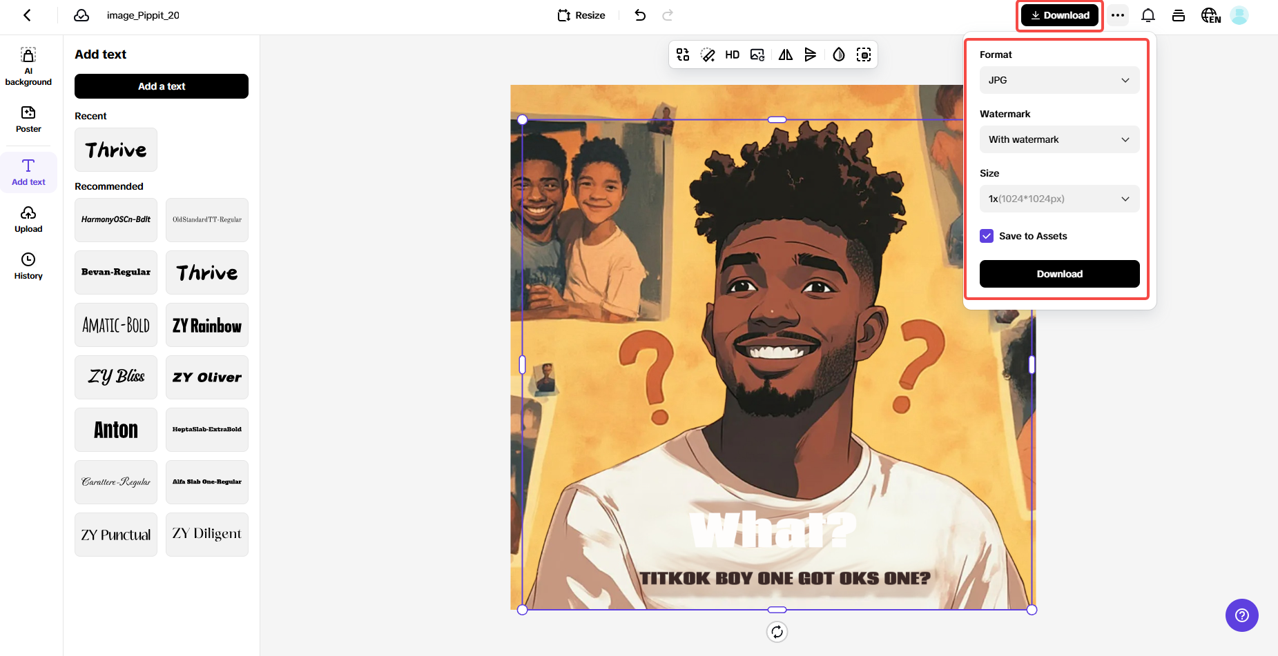 pag-export ng reaction meme mula sa Pippit