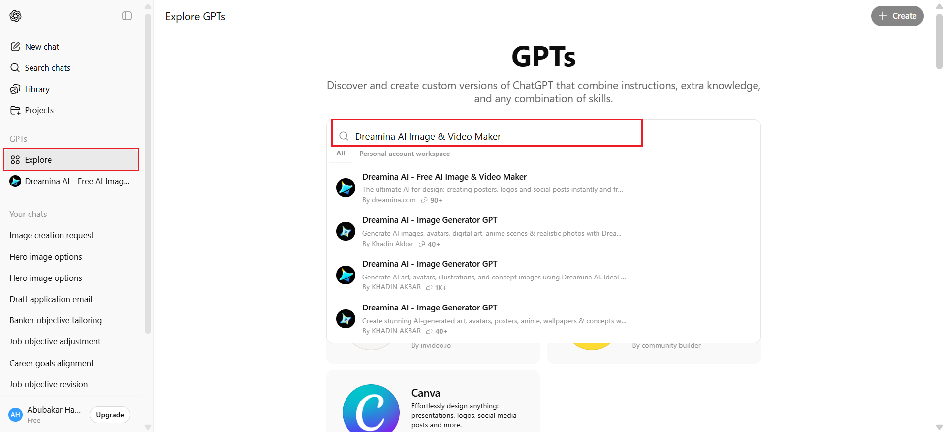 Dreamina plugin interface in ChatGPT