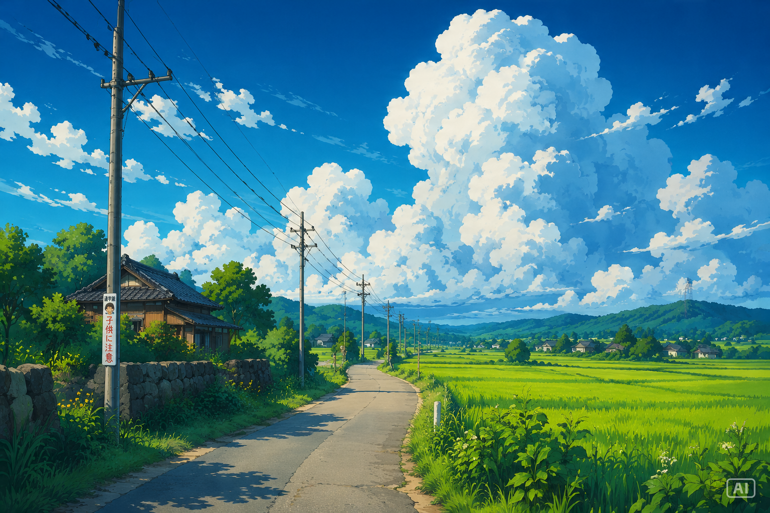 watercolor pastoral anime style summer road wallpaper generated by Pippit