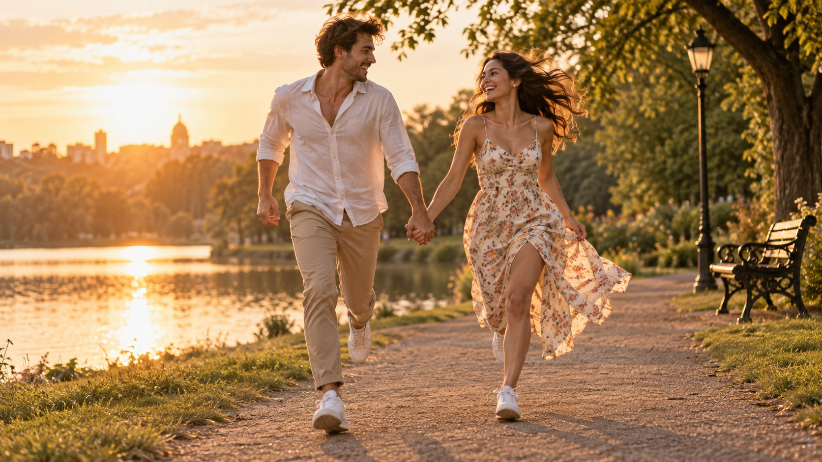 two consenting adults running hand in hand through a cinematic outdoor setting
