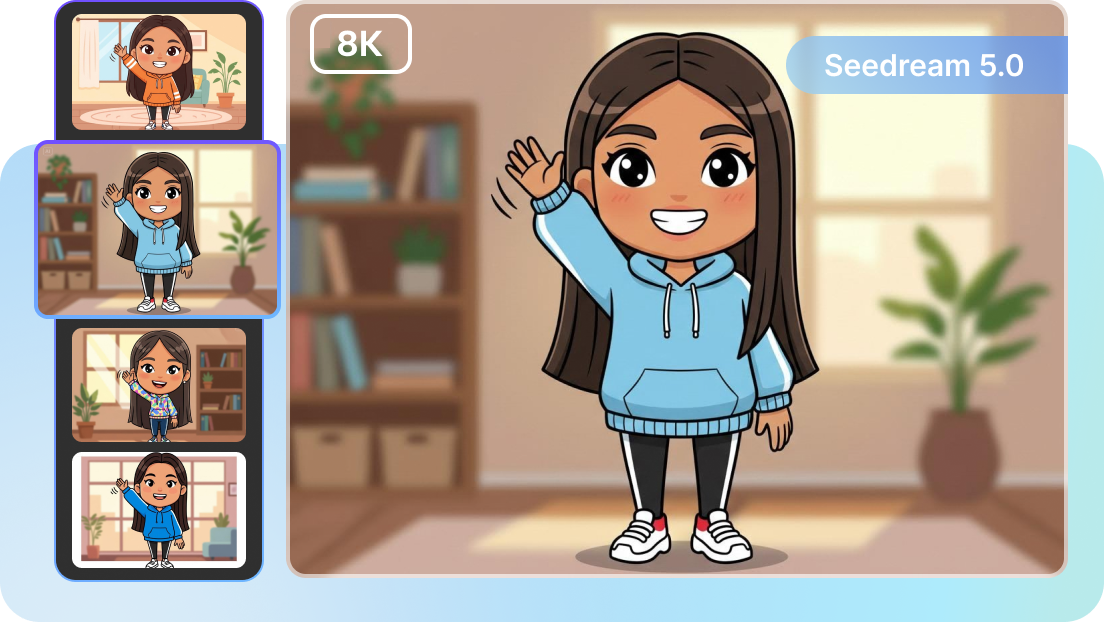 Pembuatan Bitmoji yang cepat dan bertenaga AI dengan kualitas resolusi tinggi menggunakan model Seedream 4,5.