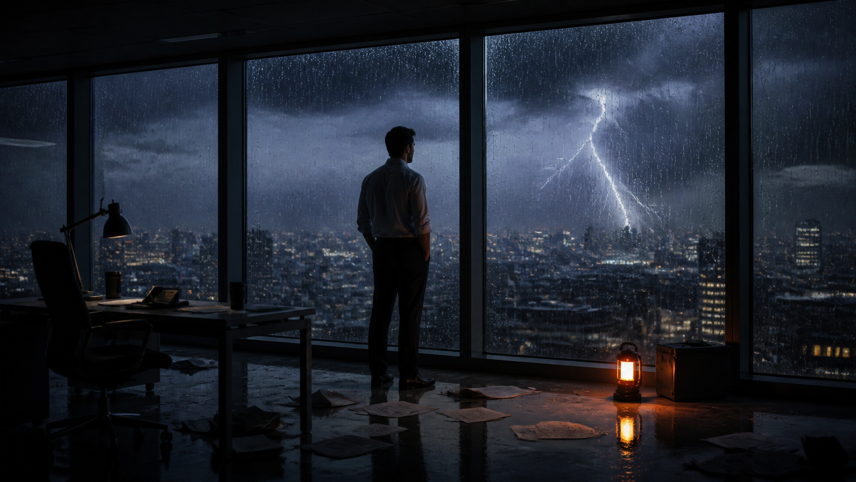 Exemple d'invite vidéo Disaster Office IA 1 - Scène de studio Disaster Office