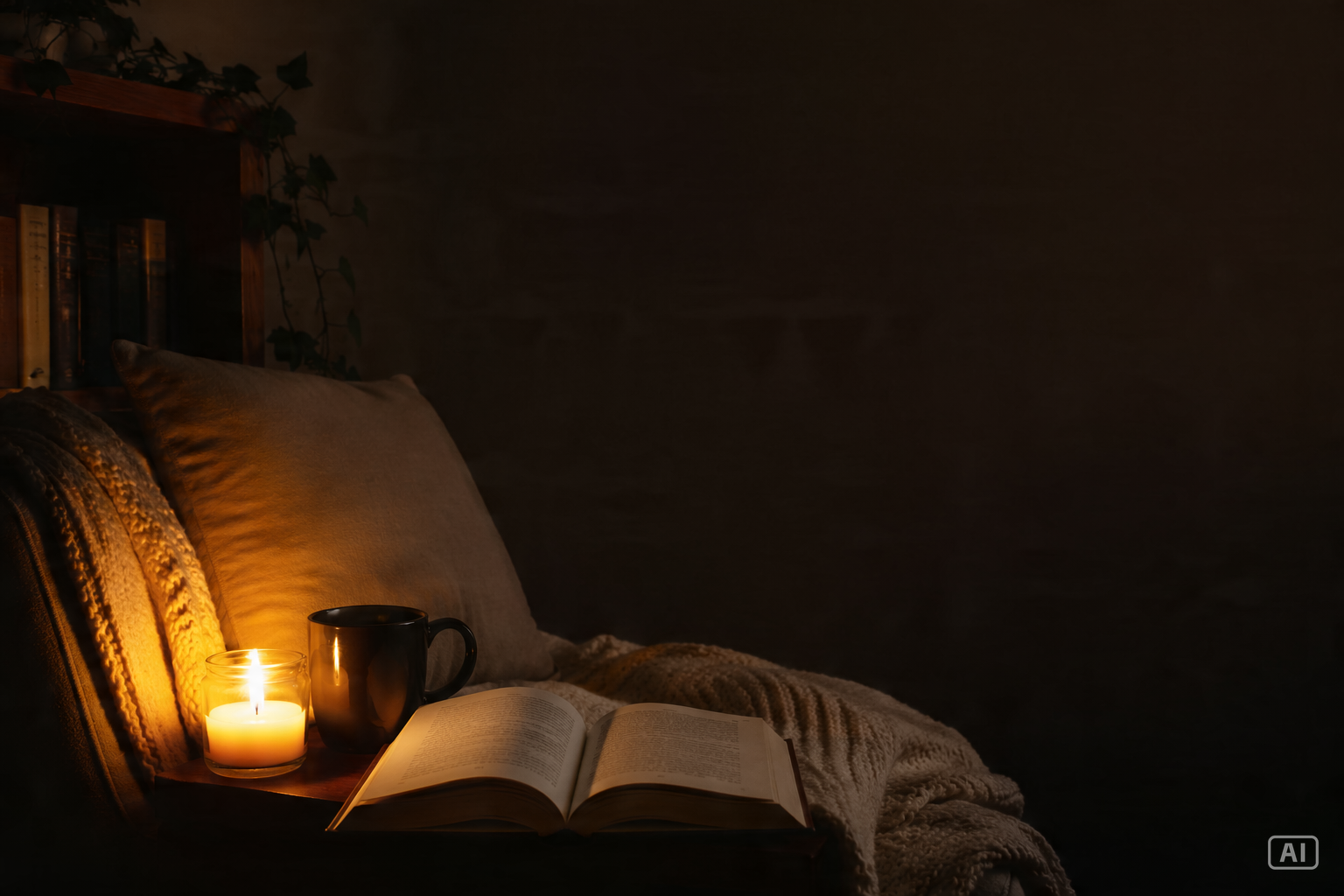Candlelit reading nook good night image generated by Pippit