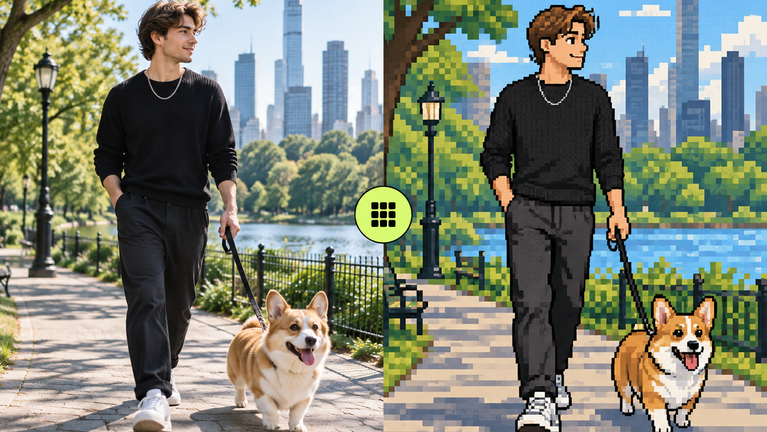 Young man with a corgi transformed from a sunlit lifestyle photo into cohesive pixel art