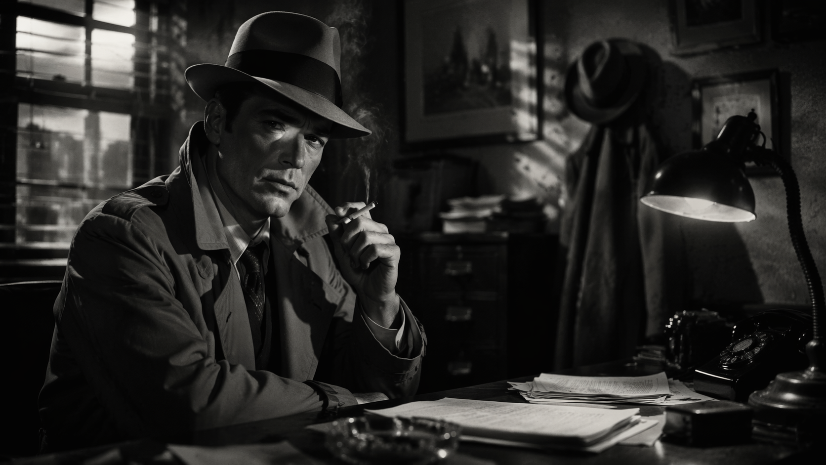 Dreamina Film Noir Filter prompt example 3: Detective Office Mood