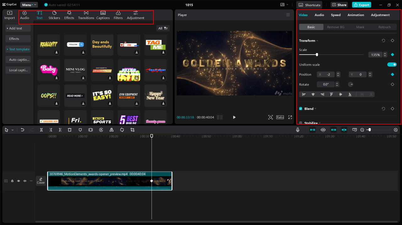 Přizpůsobení úvodní šablony After Effects s textem a efekty v CapCut