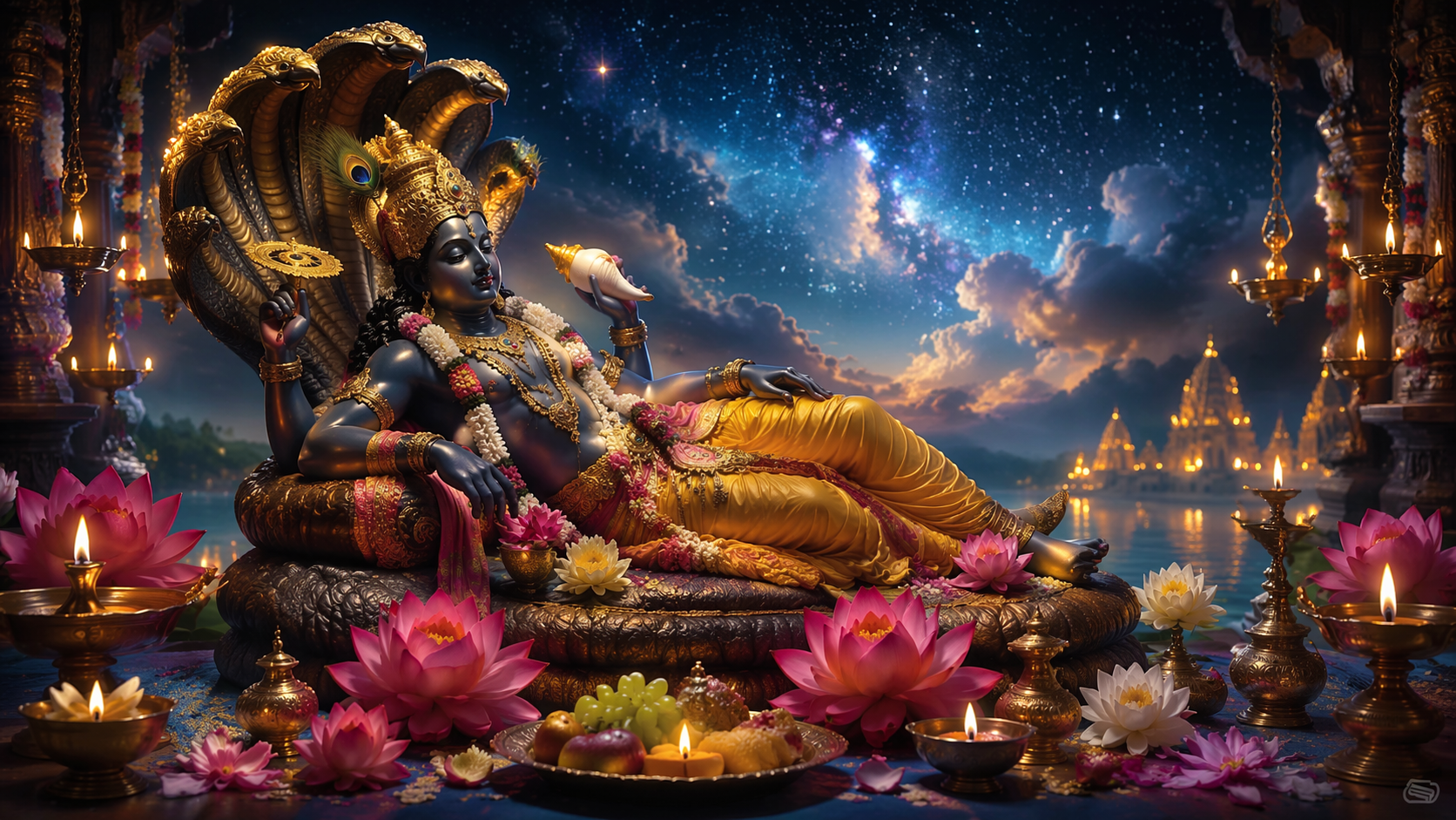 Dreamina Devshayani Ekadashi AI uppmanar snabbt exempel 1: Blå guld tempellampor