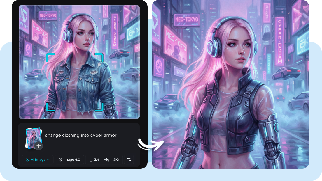 Edit gambar cyberpunk menggunakan alat filter AI