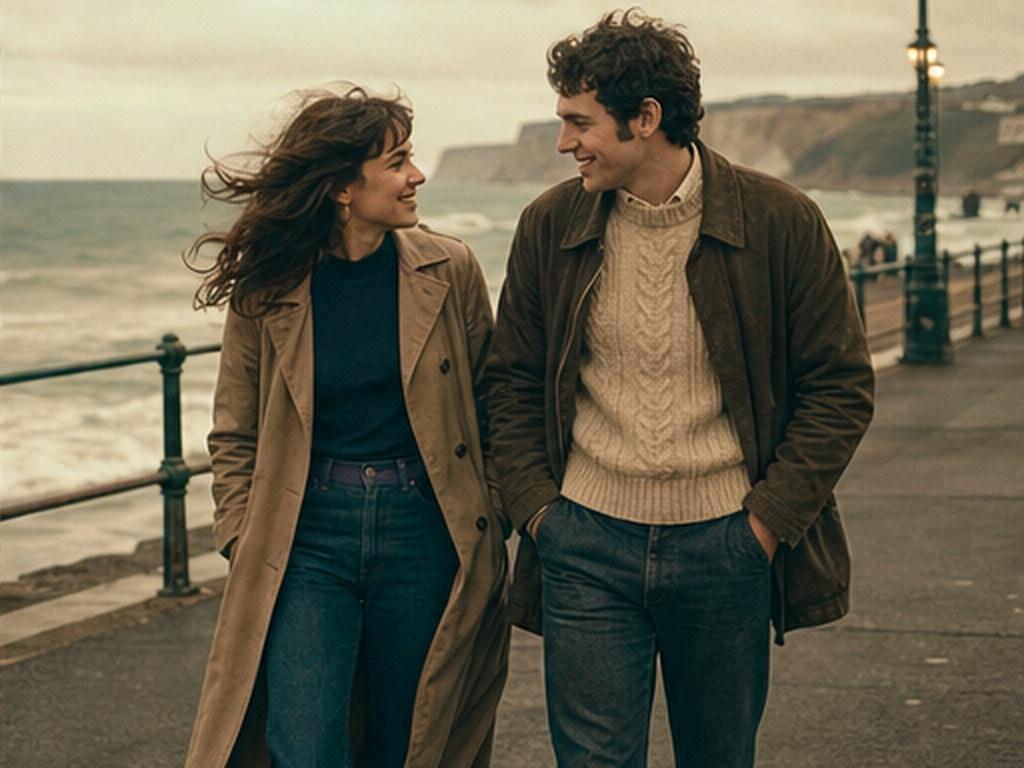 Retro-style Romantic Short Film prompt example 3 - Seaside film walk