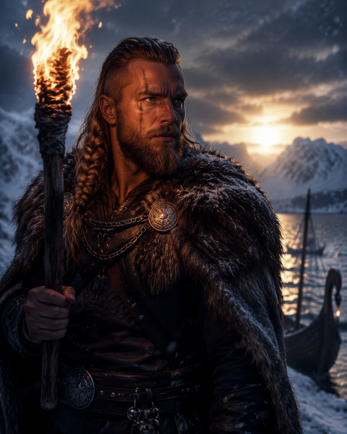 Dreamina AI Viking portrait generator video prompt example 3: Nordic Snow Closeup