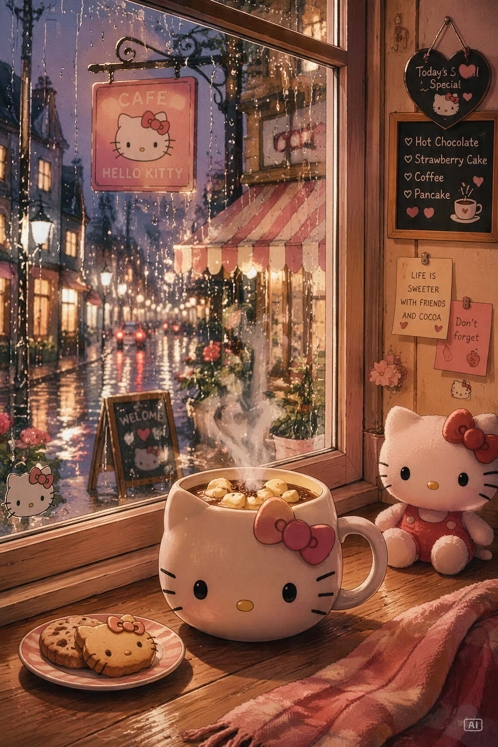 Rainy Hello Kitty cafe vertical wallpaper generated by Pippit