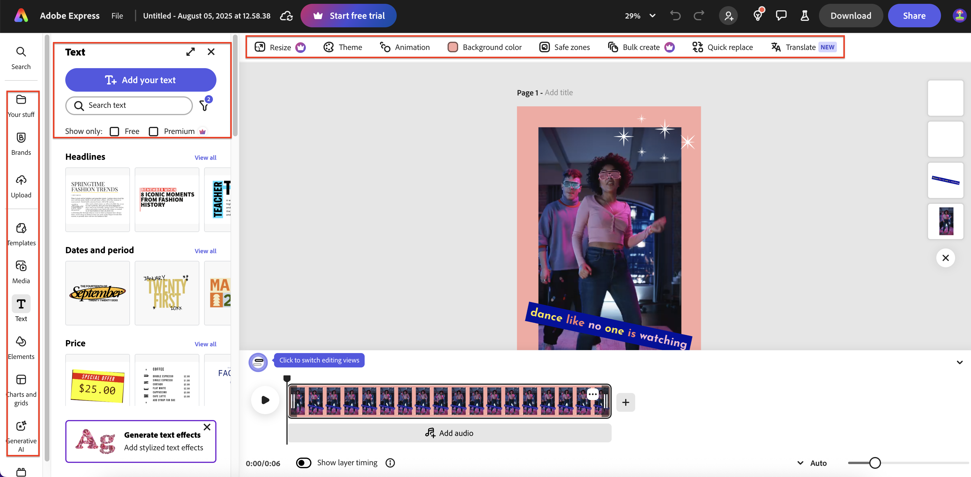 Bearbeitungs-Timeline in Adobe Express mit Marken-Assets