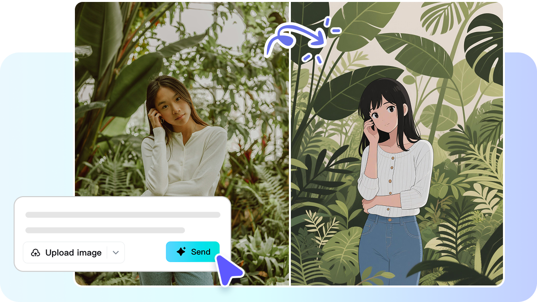 Converti foto reali in vividi ritratti anime istantaneamente.