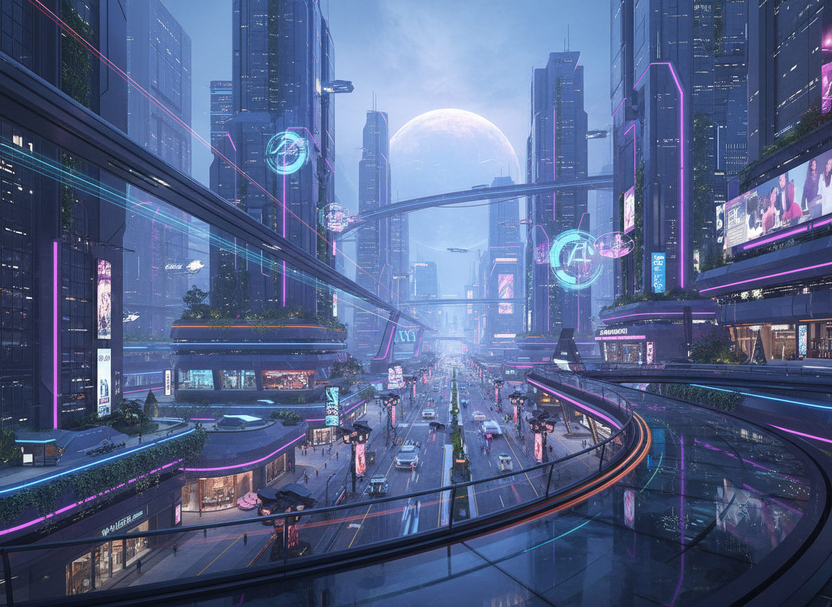 Prezentare futuristă a orașului cu dezvăluire în stil macara, ceață de adâncime și accente de neon.