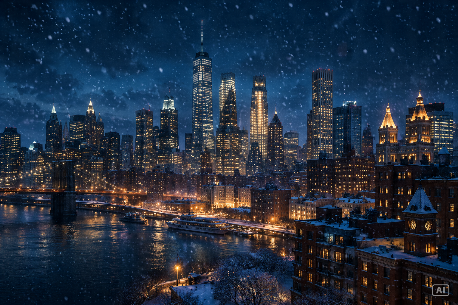 Snowy cityscape New Year wallpaper generated by Pippit