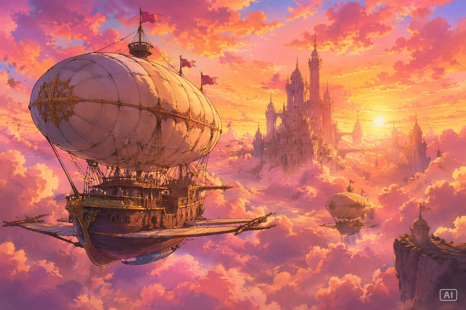 watercolor pastoral anime airships in sky wallpaper generated by Pippit