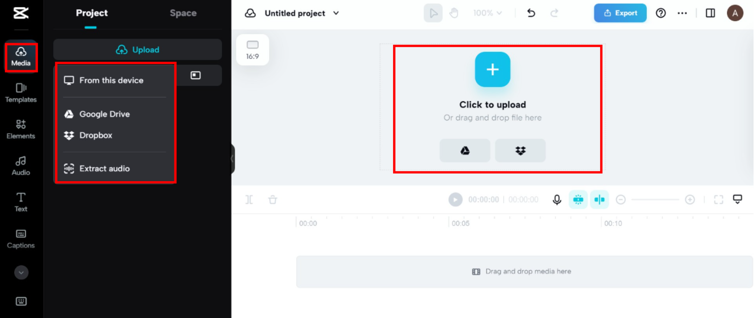 CapCut web editor highlighting upload source options beside an empty project canvas