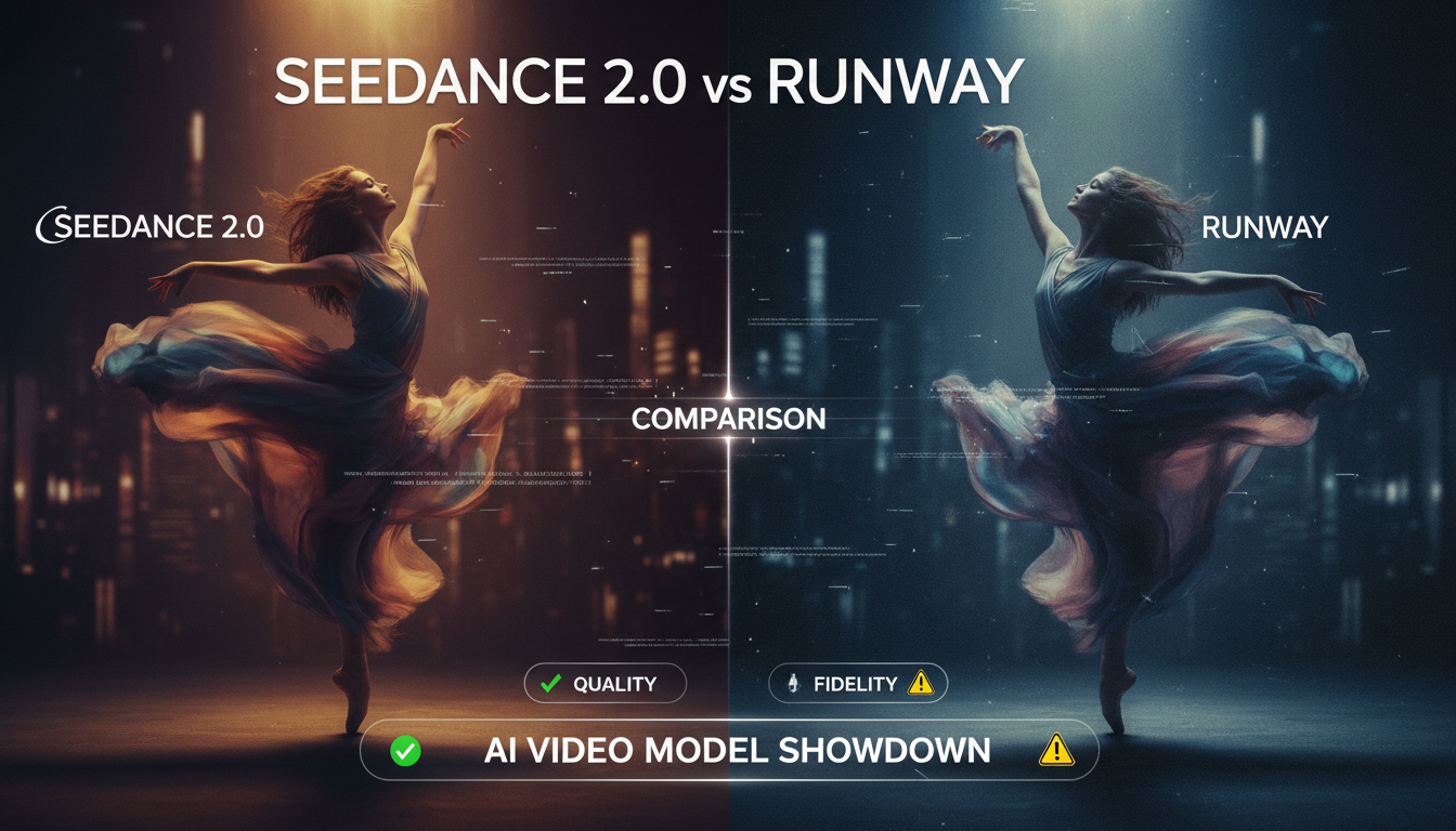 ฮีโร่แบบแยกหน้าจอเปรียบเทียบ Seedance 2.0 กับรันเวย์ เน้นการจัดระดับสีในโรงภาพยนตร์ และความสมจริงของการเคลื่อนไหว
