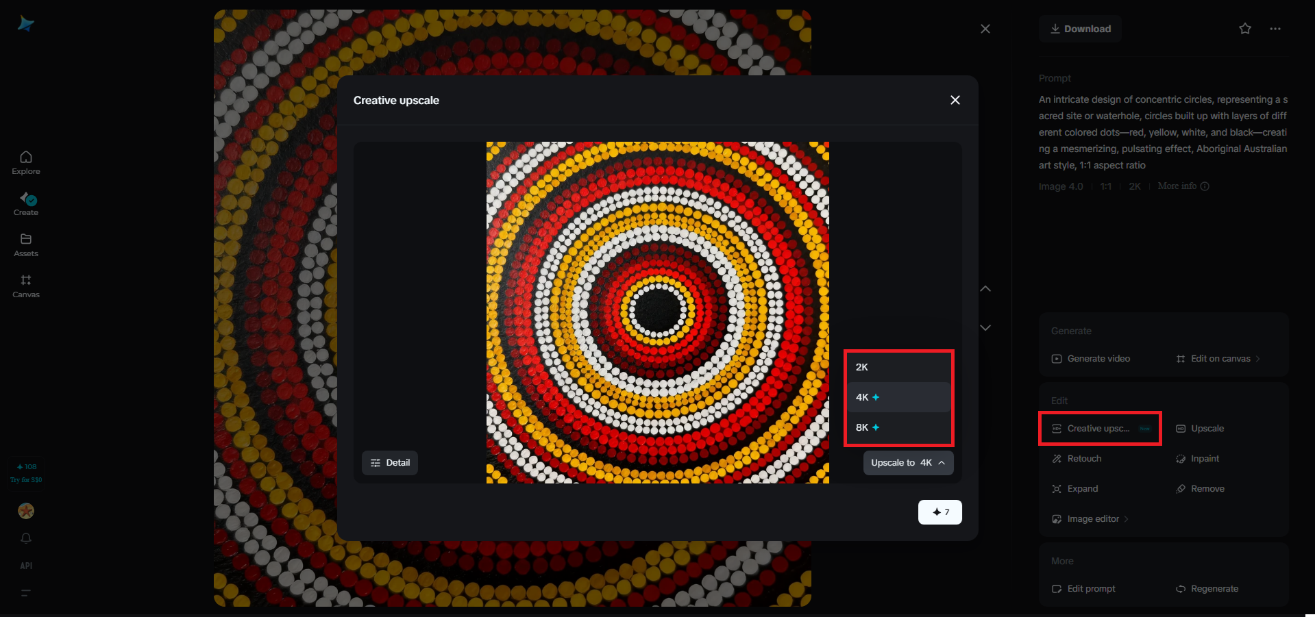 Creative upscale feature in Dreamina