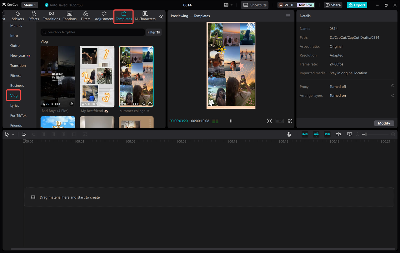 Meneroka templat vlog mini dalam editor video desktop CapCut